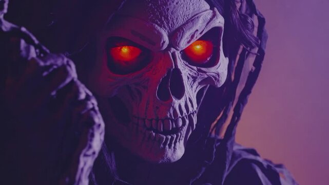 the evil witch with the face of a scary skull stares intently. halloween background videos. looping animation