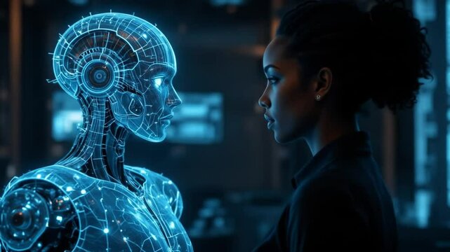 AI humanoid hologram robot shares knowledge with human {female} during singularity symbolizing agent autonomy and future AGI technology using super intelligence. 4k video