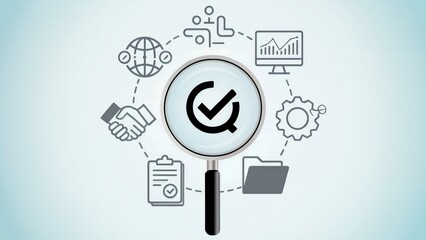 Verification process shown by a magnifying glass and associated business icons
