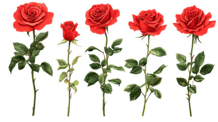  Set of Isolated Vivid Red Rose Flowers - High-resolution bright red rose blossoms on transparent background
