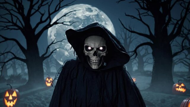 the evil witch with the face of a scary skull stares intently. halloween background videos. looping animation