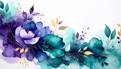 Firefly_Midnight teal and deep purple abstract watercolor with pale floral overlays