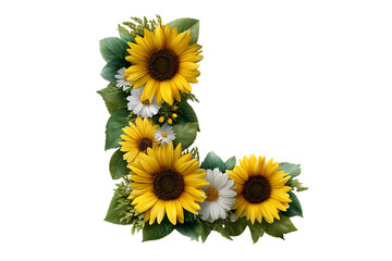 Obraz premium Corner floral arrangement with sunflowers and daisies isolated on transparent background