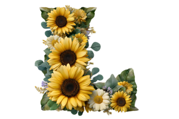 Decorative letter l formed by sunflowers daisies and eucalyptus leaves isolated on transparent background