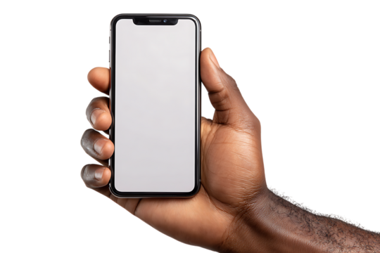 Close up of a dark skinned hand holding a modern smartphone with a blank white screen isolated on transparent background