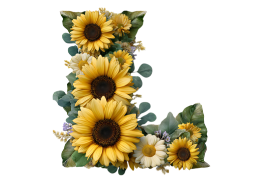 Decorative letter l formed by sunflowers daisies and eucalyptus leaves isolated on transparent background