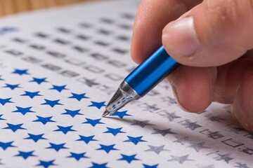 Hand holding blue pen while marking stars on paper with printed symbols for tracking progress or achievements
