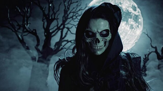 the evil witch with the face of a scary skull stares intently. halloween background videos. looping animation