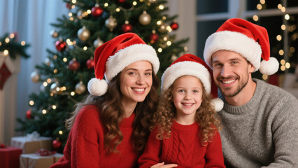 A festive portrait of a happy family celebrating Christmas. Christmas, Christmas Tree, Merry Christmas, Christmas Background, Christmas Lights
