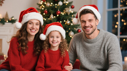 Fototapeta premium A festive portrait of a happy family celebrating Christmas. Christmas, Christmas Tree, Merry Christmas, Christmas Background, Christmas Lights