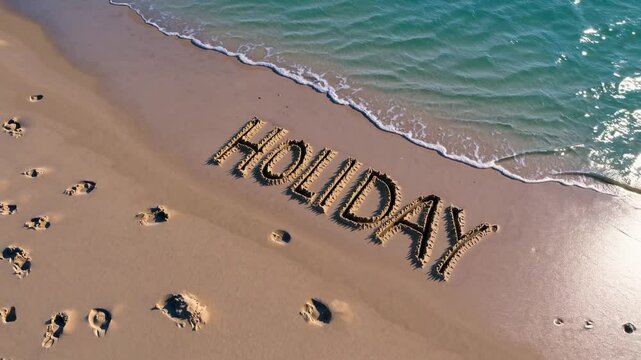 Word "Holiday" written on sandy beach with footprints near turquoise ocean waves, summer vacation theme, perfect for travel promotions and holiday season campaigns