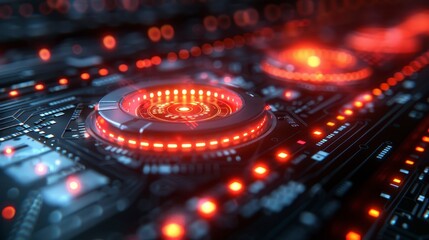 Glowing red circular nodes on dark circuit board, futuristic tech design