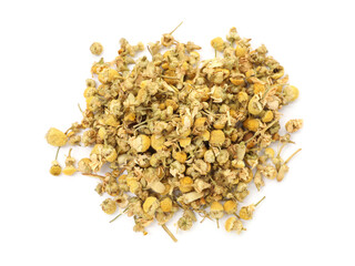 Pile of dry chamomile flowers isolated on white, above view