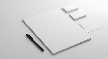 Minimalist Stationery Mockup: Blank Paper, Business Cards, and Pen on White Surface