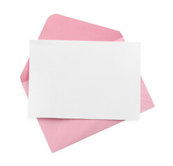 Blank invitation card and envelope isolated on white, top view. Space for design