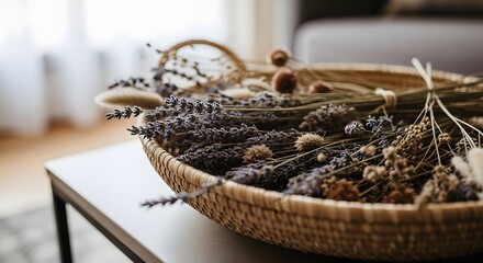 Close-up of a woven basket filled with dried flowers, showcasing natural elements.