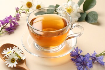 Aromatic herbal tea in glass cup and different flowers on beige background, closeup