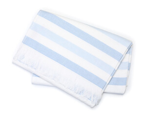 Striped beach towel isolated on white, top view