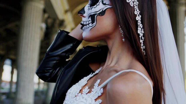 The girl in a wedding dress and in a leather jacket with a terrible make-up in form of a skull stands against the background of an abandoned train station with columns painted with graffiti