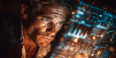 Man and Technology: A focused portrait of a man engaging with digital interface, illuminated in an intimate and futuristic style.