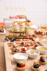 Buffet menu. Many different appetizers on table, closeup