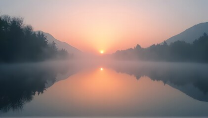 Fototapeta premium Misty sunrise over calm mountain lake
