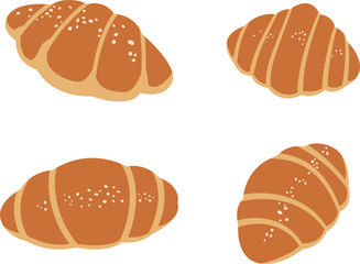 Flat Vector Illustration Collection of Four Salted Bread Icons with Sesame Topping for Cafe Menu and Bakery Template