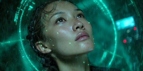Technological Gazing: Captivating young woman surrounded by futuristic interface, looking upwards in a tech-enhanced environment. Showcasing technology integration in daily life.