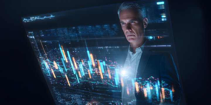 Data Analyst: A focused data analyst reviews complex financial data on a modern digital interface, illuminated by a captivating neon glow.