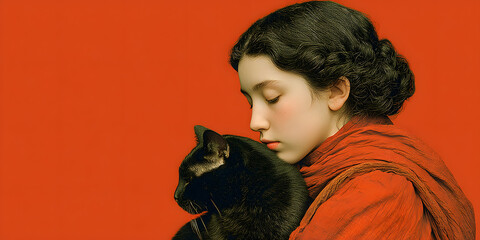The Black Cat: Tender portrait of a thoughtful woman cradling a black cat in her arms, painted in a classic style with rich, warm colors.