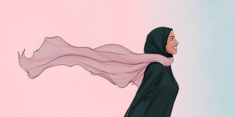 Inspired Woman with Scarf: A portrait of a woman confidently looking ahead, her flowing scarf gracefully dances in the wind. A celebration of inner strength. 