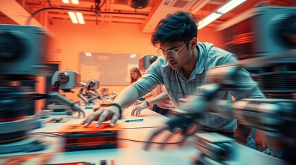 Robotics lab scene with dynamic motion
