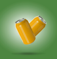 Yellow aluminum cans in air on green gradient background