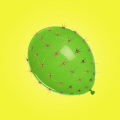 Green balloon covered with cactus prickles on yellow background