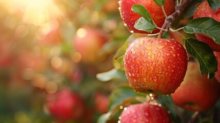 Obraz premium Dew-kissed red apples hang from a branch bathed in warm sunlight, blurred orchard in background