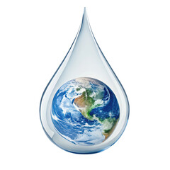 Obraz premium A vibrant depiction of planet earth nestled within a clear water drop, symbolizing global water conservation and environmental protection.