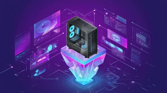 High-Tech Futuristic PC Tower Interface with Floating Hologram UI Panels