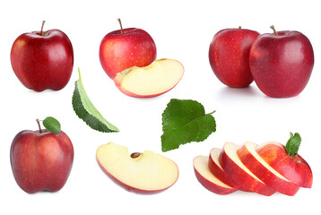 Fresh red apple fruits and green leaves isolated on white, collage