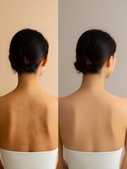 Focus on the back of an Asian woman. Acne spots fade after the skin tone becomes more even. The light is soft, conveying confidence.