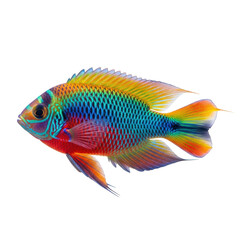 Fototapeta premium A vibrant tropical fish showcases a stunning spectrum of rainbow colors across its iridescent scales and fins, ideal for themes of aquatic beauty and exotic pets.