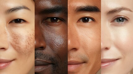 The images are divided into 4 sections or rows, comparing Before–After of men and women from different races. It is clear that the skin has improved, including acne, dry skin, and skin color.
