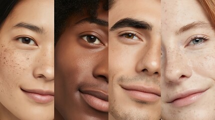 The images are divided into 4 sections or rows, comparing Before–After of men and women from different races. It is clear that the skin has improved, including acne, dry skin, and skin color.