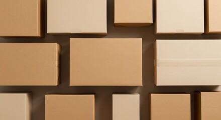 Obraz premium Overhead View of Various Cardboard Boxes in Neutral Tones, Arranged Abstractly
