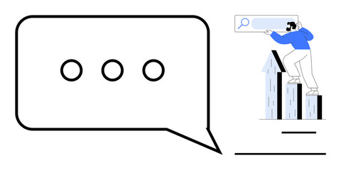 Person standing on graph bars looking into a search bar. Large speech bubble with ellipsis. Ideal for communication, search, growth, research, progress, strategy, simple flat metaphor