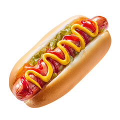 Grilled hot dogs with mustard and ketchup on buns, isolated for a fast food snack or meal