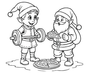Santa and Teen Weightlifting Pizza Slices Funny Christmas Gym Coloring Page