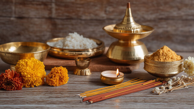 Pitru Paksha Items Including Brass Lamp, Rice, Diya, Flowers, and Incense Sticks on Wooden Background Depicting Hindu Ancestral Offerings, Spiritual Rituals, and Traditional Elements of Reverence