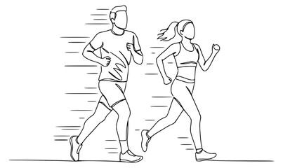 Running man and woman, isolated vector illustration in continuous line drawing style. Run, side view. Silhouettes of athletic looking male and female runners running. Transparent PNG version.