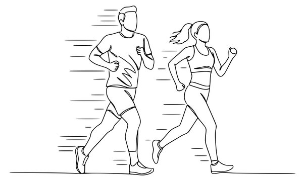 Running man and woman, isolated vector illustration in continuous line drawing style. Run, side view. Silhouettes of athletic looking male and female runners running. Transparent PNG version.