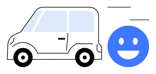 Small white car with motion lines, large blue smiling face indicating speed and happiness. Ideal for travel, rideshare, car rental, mobility, efficiency, transport, simple landing page